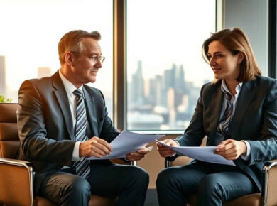 A lawyer and a client discussing legal documents in an office with a Los Angeles cityscape in the background.