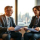 A lawyer and a client discussing legal documents in an office with a Los Angeles cityscape in the background.