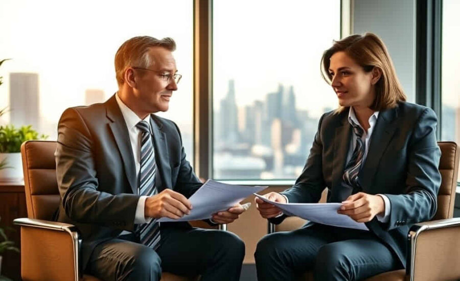 A lawyer and a client discussing legal documents in an office with a Los Angeles cityscape in the background.