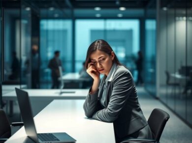 A professional woman looking distressed at her desk, symbolizing the anxiety and stress caused by workplace sexual harassment.