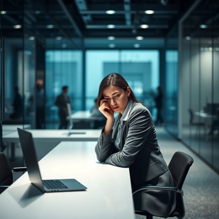 A professional woman looking distressed at her desk, symbolizing the anxiety and stress caused by workplace sexual harassment.