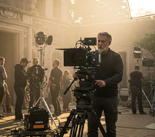 Experienced film crew member adjusting a professional camera setup on a working set.