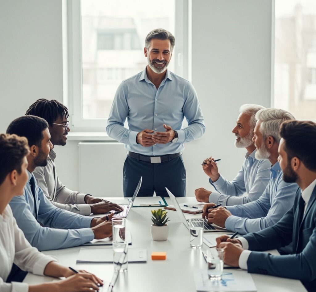 Diverse group of employees and manager discussing in a conference room.