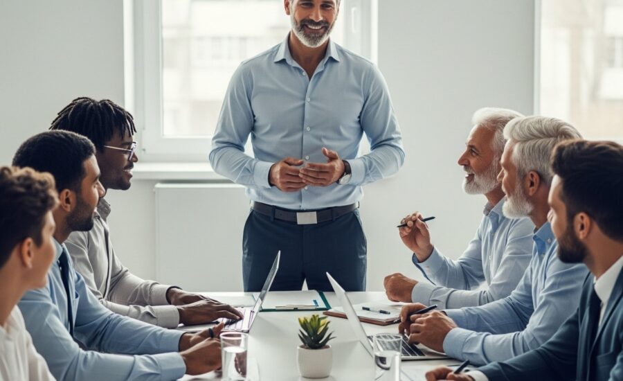 Diverse group of employees and manager discussing in a conference room.