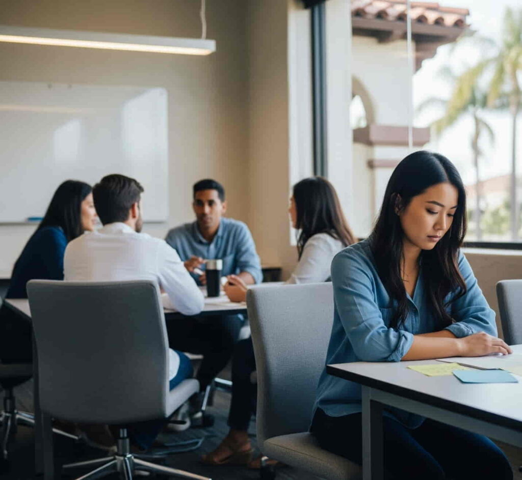 An employee sits alone while colleagues converse in the background, reflecting workplace exclusion in Pomona.