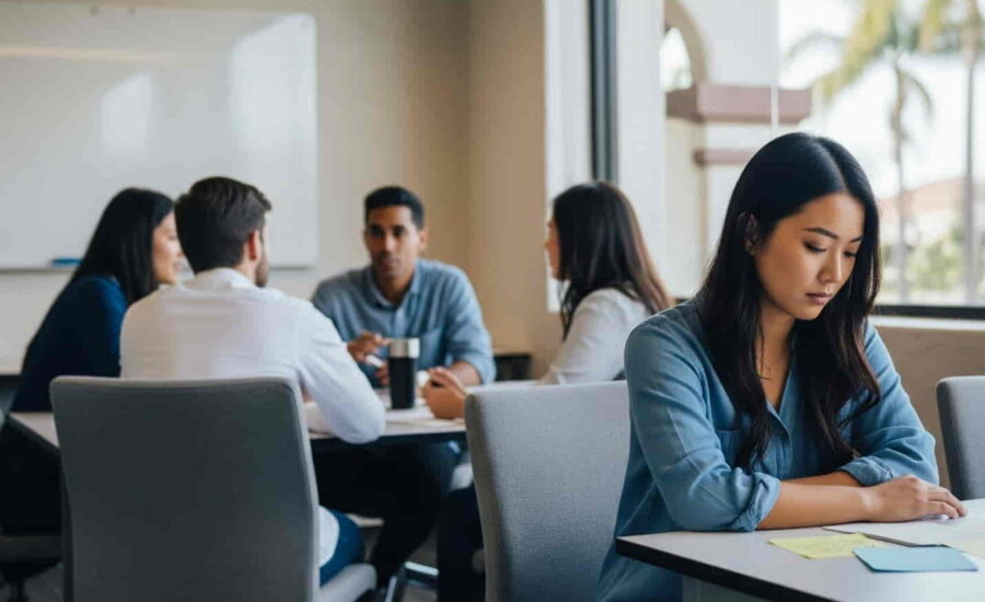 An employee sits alone while colleagues converse in the background, reflecting workplace exclusion in Pomona.